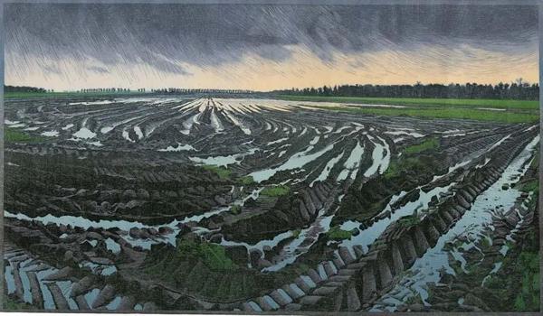 Siemen Dijkstra, Lost Field, third version, 2008, Verloren Akker, No. 3 (original Dutch title), Color woodcut reduction printed on thin laid paper. Edition of 39. 19 5/8 x 33 3/4 inches