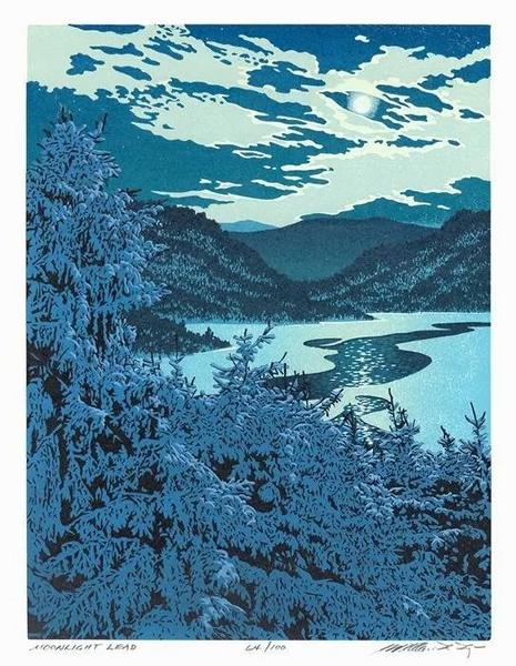 William H. Hays, Moonlight Lead, 2016, Color linocut reduction, printed in 8 colors on wove paper. Edition of 100. 12 x 9 inches